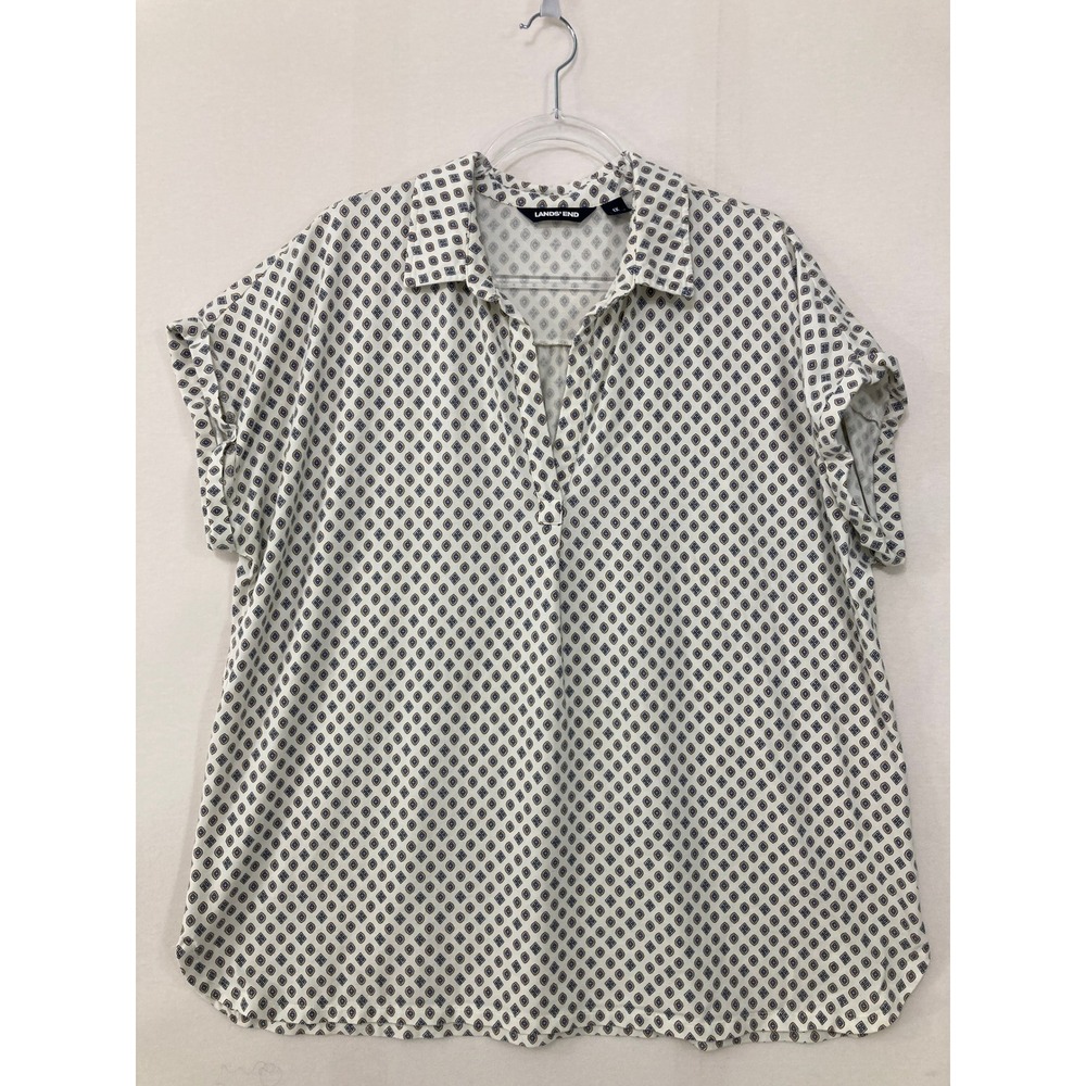 Lands End Short Sleeve Top 1X Geometric Diamond Print Stretch Knit V-Neck Comfy